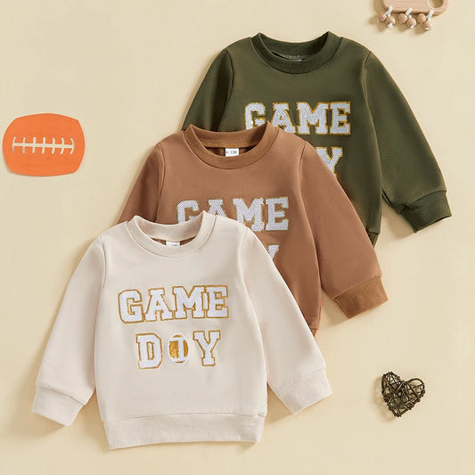 Baby Toddler Boys Girls Fall GAME DAY Football Sequin Letter Embroidery Long Sleeve Crew Neck Pullover Top