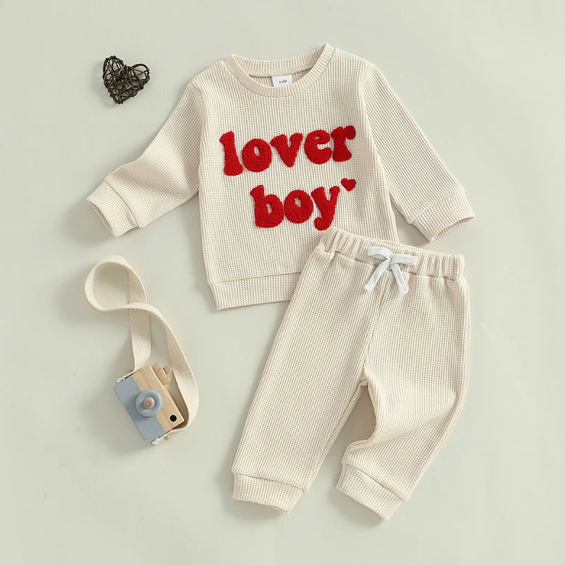 Baby Toddler Boys 2Pcs Lover Boy Valentine's Day Outfit Letter Embroidery Ribbed Long Sleeve Crew Neck Top with Drawstring Jogger Pants Valentines Set