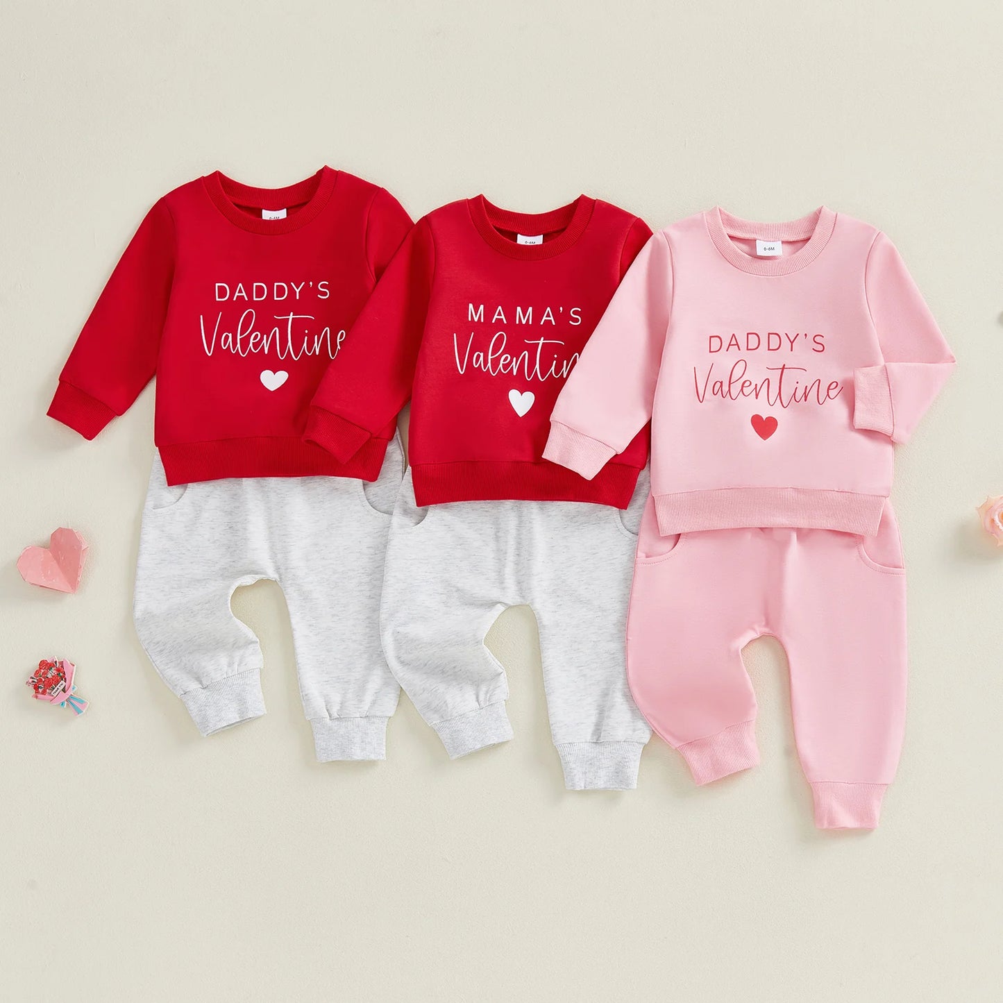 Baby Toddler Girls Boys 2Pcs Valentines Day Outfit Daddy's / Mama's Valentine Heart Letter Long Sleeve Top and Solid Joggers 2 Piece Jogger Set