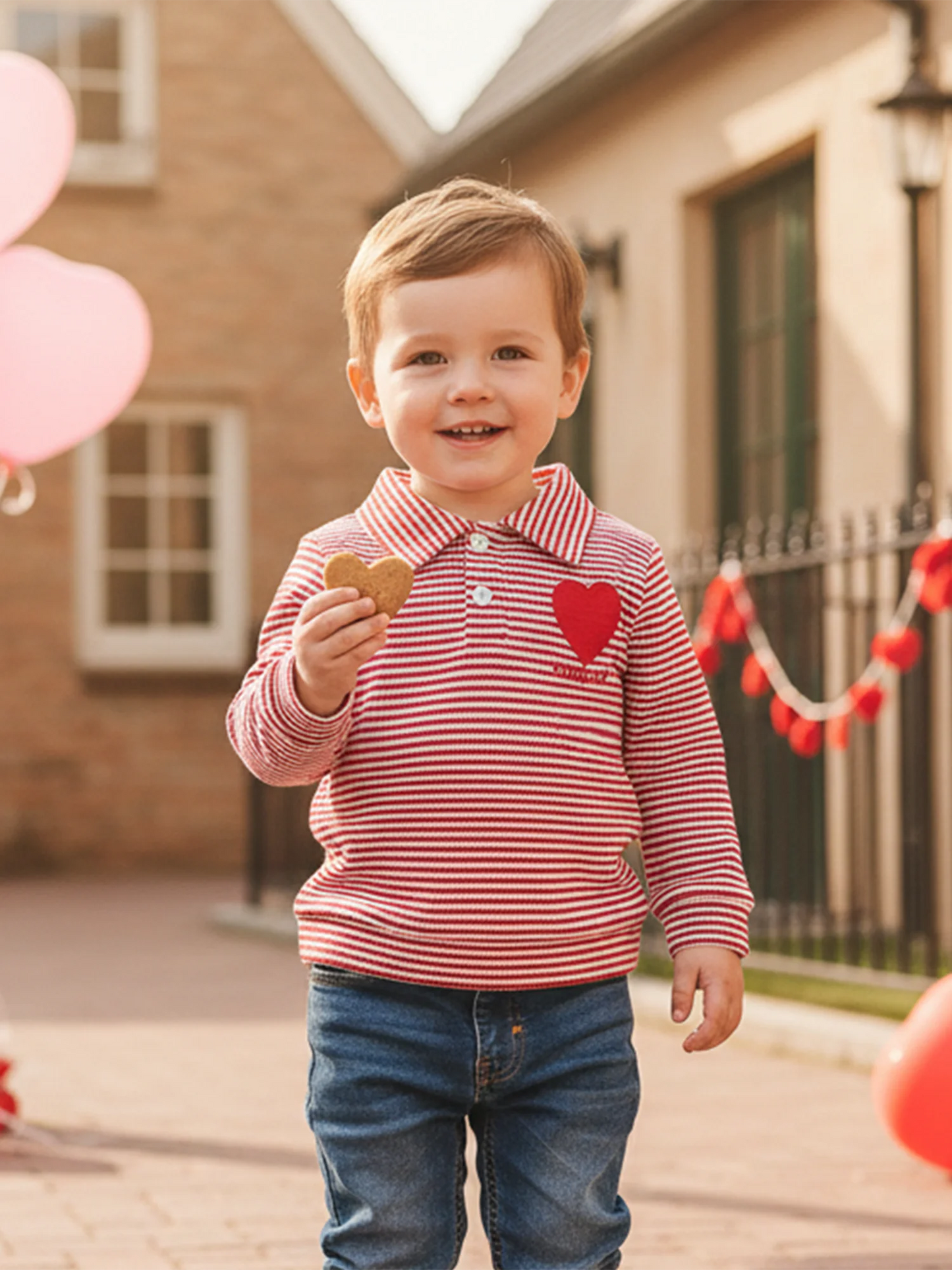 Baby Toddler Valentine's Day Long Sleeve Turn-down Collar Striped Embroidery Heart Top