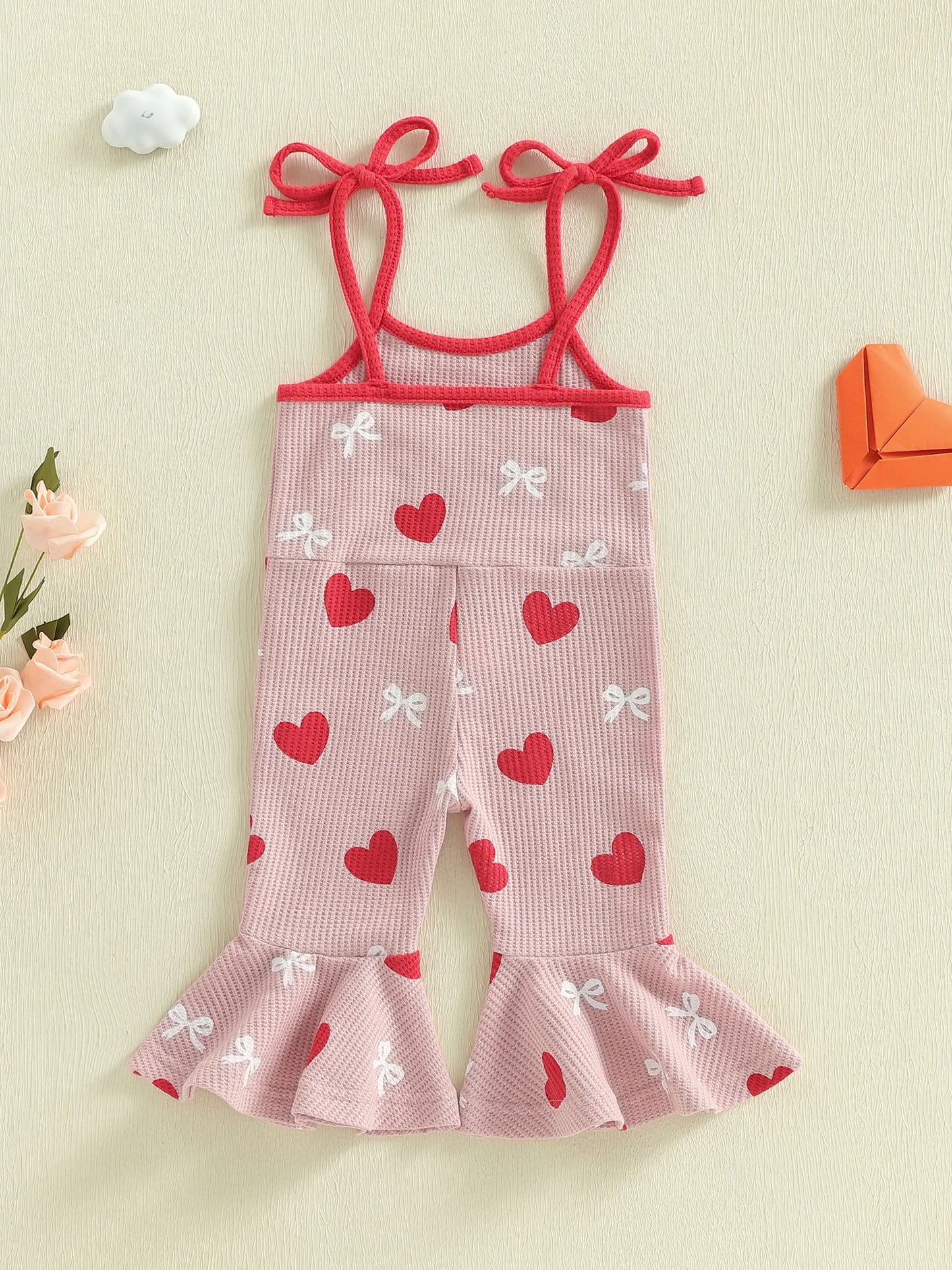 Baby Toddler Girls LOVER Valentine's Day Tank Top Flare Leg Overalls Jumpsuits Letter Embroidery Heart Print Bell Bottom Romper