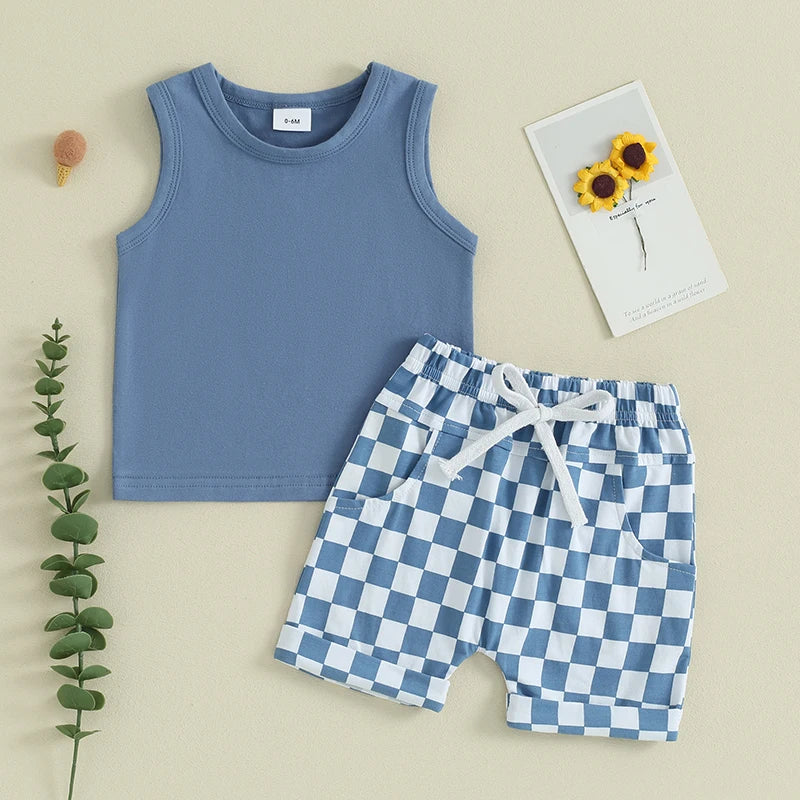 Baby Toddler Boys 2Pcs Clothes Solid Color Sleeveless Tank Top Checkered Shorts Outfit Set