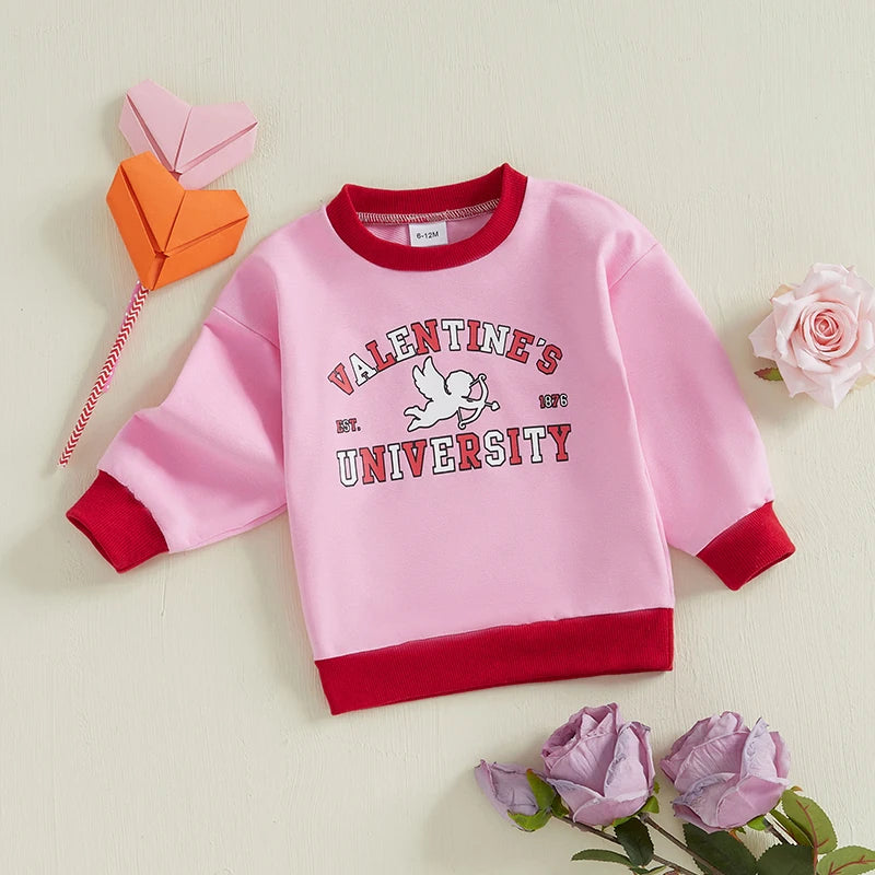 Baby Toddler Girls Valentine’s Day Long Sleeve Valentines University Cupid / I Love You Heart Letter Print Pullover Top