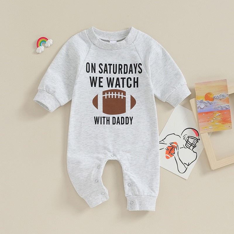 Baby Girl Boy Romper On Saturdays We Watch Football With Daddy Letter Print Long Sleeve Round Neck Jumpsuit Fall Clothes