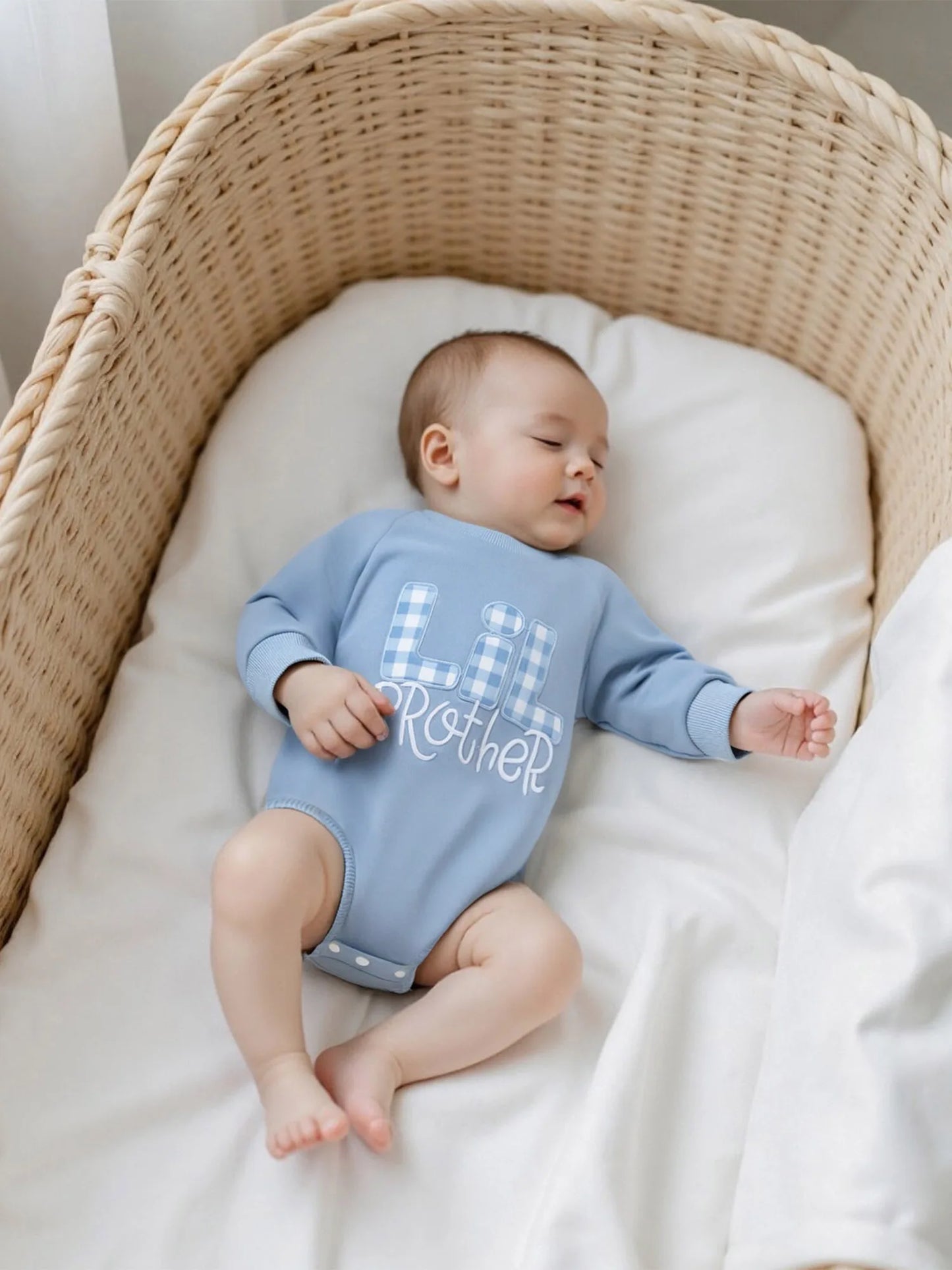 Baby Boy Lil Brother Fall Winter Romper Loose Fit Letter Plaid Embroidered Crew Neck Long Sleeve Jumpsuit