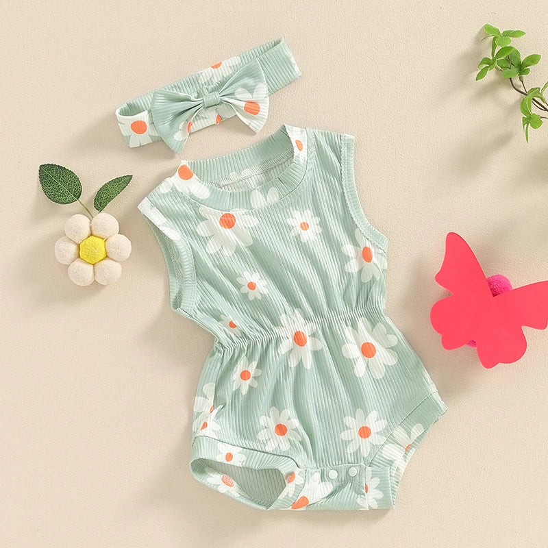 Baby Girls 2Pcs Rompers Daisy Print Round Neck Sleeveless Tank Top Bodysuit Summer Clothes with Headband