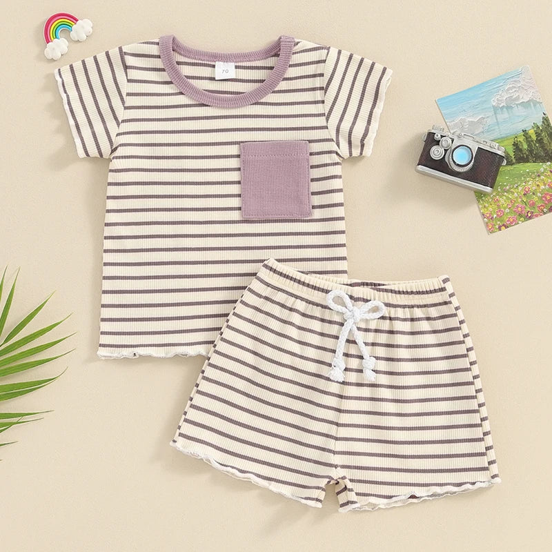 Baby Toddler Girl 2Pcs Summer Outfits Ruffles Short Sleeve Striped Top with Pocket T-Shirt + Matching Shorts Set