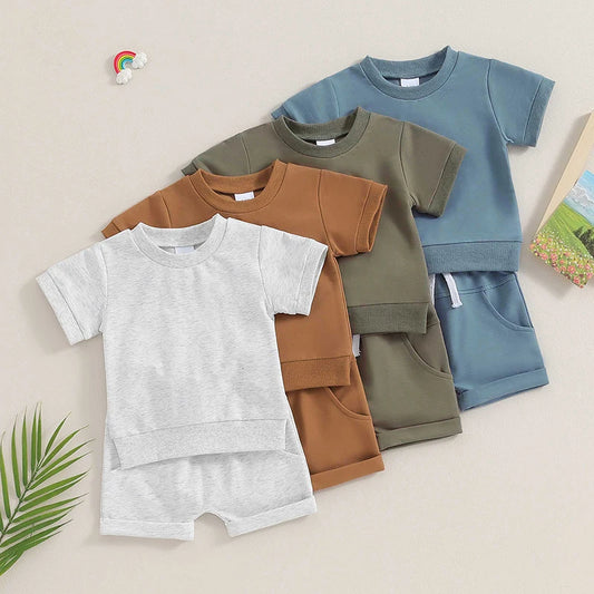 Toddler Baby Boys Girls 2Pcs Spring Summer Clothes Solid Color Short Sleeve Round Neck Top with Shorts Outfit Set