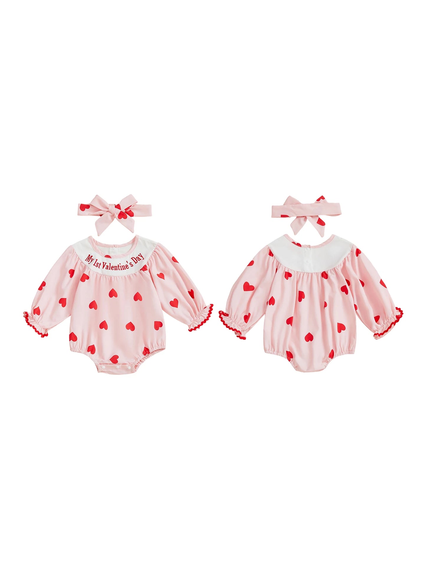 Baby Girl 2Pcs My 1st Valentine's Day Romper with Heart Print and Letter Embroidery Long Sleeve Infant Jumpsuit with Matching Headband Set