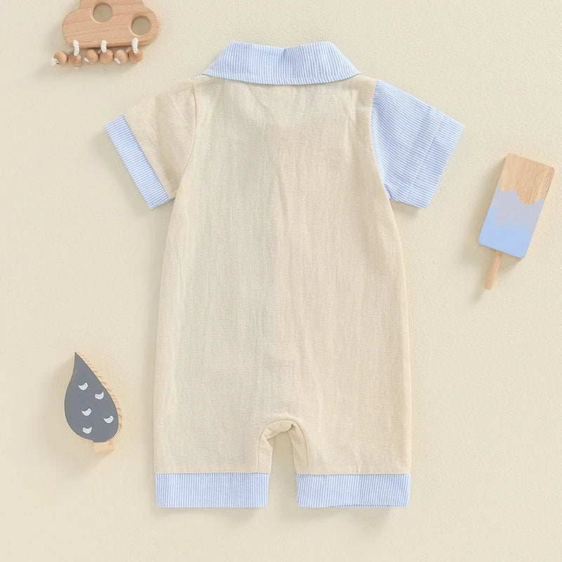 Baby Boy Jumpsuit Summer Short Sleeve Lapel Collar Stripes Contrast Color Print Romper Playsuit