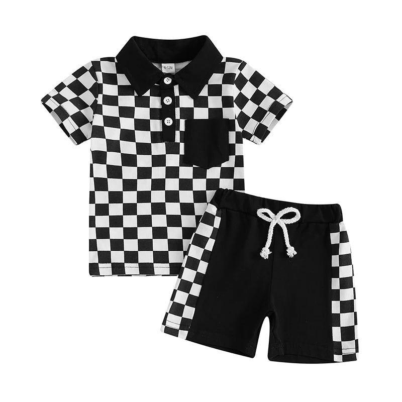 Baby Toddler Boys 2Pcs Set Short Sleeve Lapel Collar Checkered Print Top and Drawstring Shorts Outfit