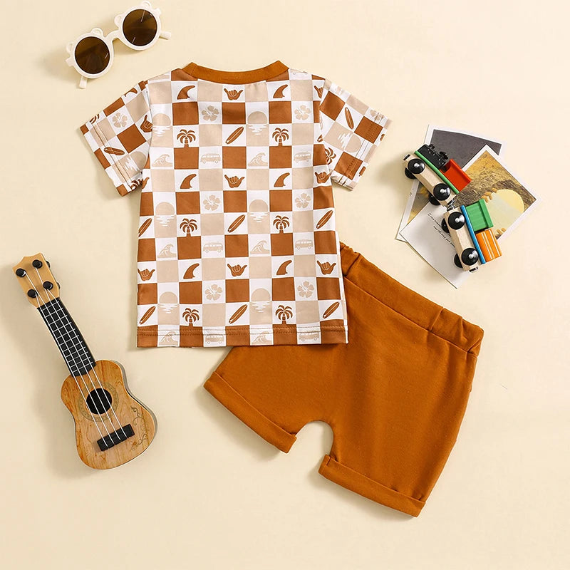 Baby Toddler Boys 2Pcs Summer Outfits Checker Print Short Sleeve Top Elastic Waist Shorts Clothes Set