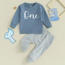 Load image into Gallery viewer, Baby Boys 2Pcs Birthday Outfits Letter One Print Crew Neck Long Sleeve Top and Long Jogger Pants One Year Old Set
