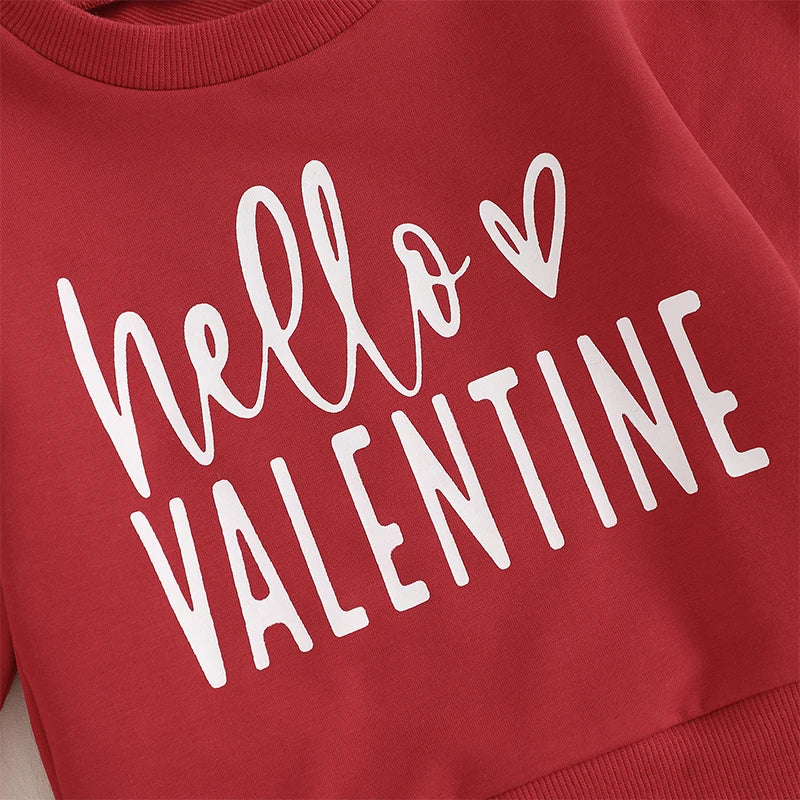 Baby Toddler Girls 3Pcs Valentine's Day Outfit Hello Valentine Letter Print Crew Neck Long Sleeve Top Heart Print Long Jogger Pants Headband Bow Valentines Set