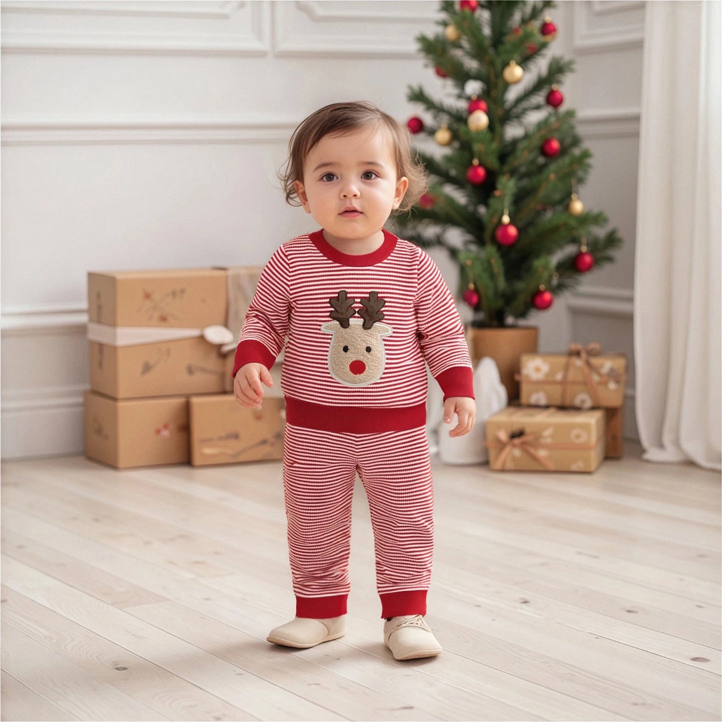Baby Toddler Boys Girls 2Pcs Christmas Outfit Reindeer Embroidery Stripe Long Sleeve Round Neck Pullover Top + Elastic Waist Long Pants Jogger Set