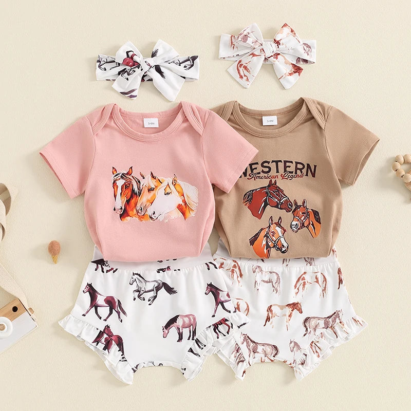 Baby Girls 3Pcs Summer Set Short Sleeve Romper Western Horse Print Bloomers Shorts Headband Set Outfit