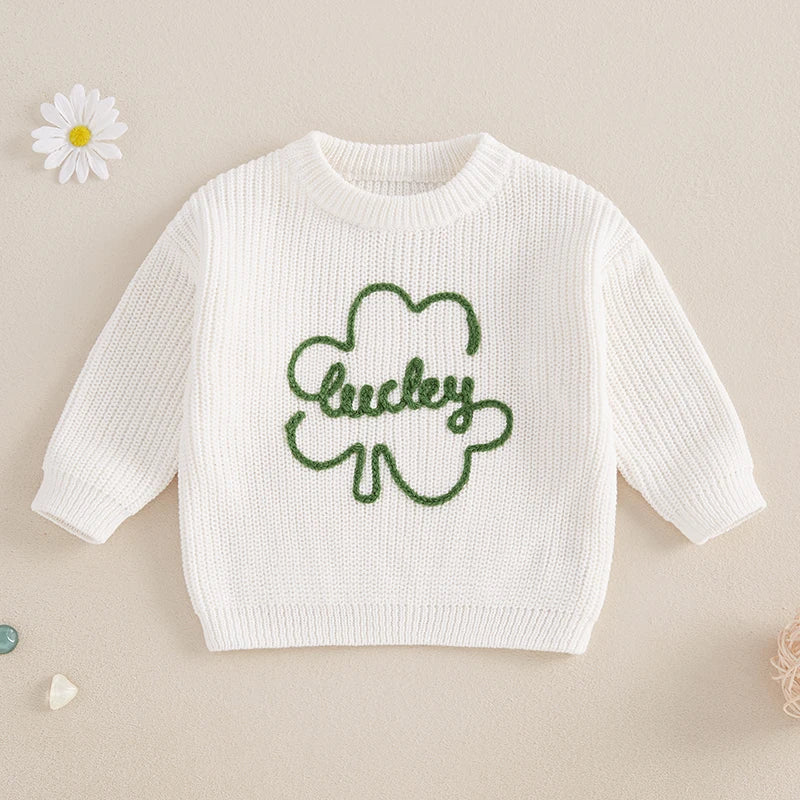 Baby Toddler Kids Boys Girls Lucky Knit Sweater Long Sleeve Round Neck Shamrock Letter Embroidery Pullover Spring St. Patrick's Day Top