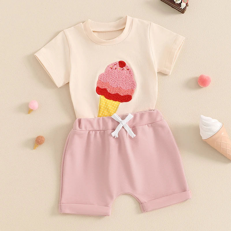 Baby Toddler Girl Boy 2Pcs Summer Outfit Ice Cream Embroidery Short Sleeve Top and Elastic Shorts Set