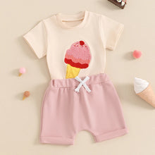 Load image into Gallery viewer, Baby Toddler Girl Boy 2Pcs Summer Outfit Ice Cream Embroidery Short Sleeve Top and Elastic Shorts Set
