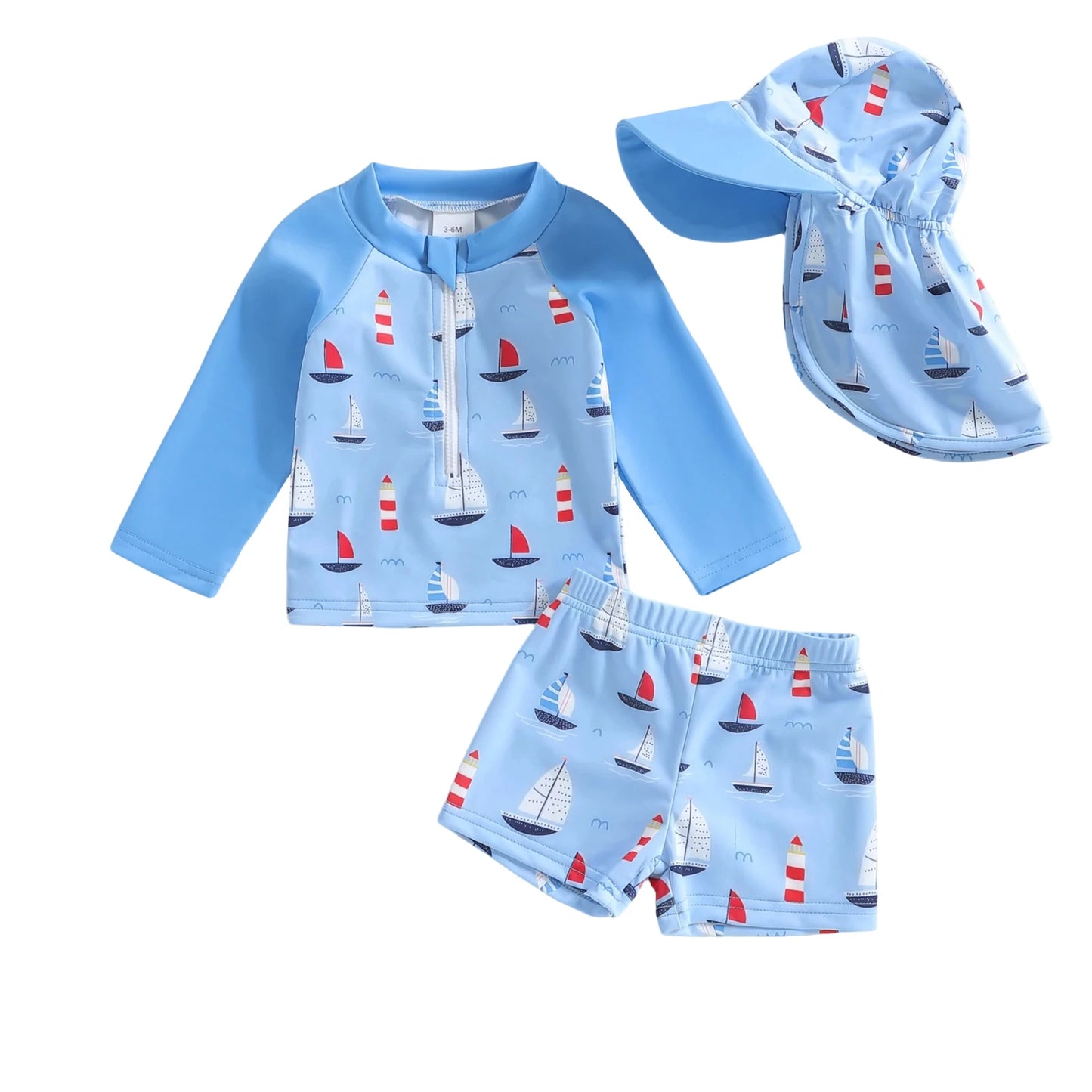 Baby Toddler Boys 3Pcs Rash Guard Swimsuits Long Sleeve Shark/Sailboat Print Bathing Suit Top and Shorts Swimwear with Hat Set