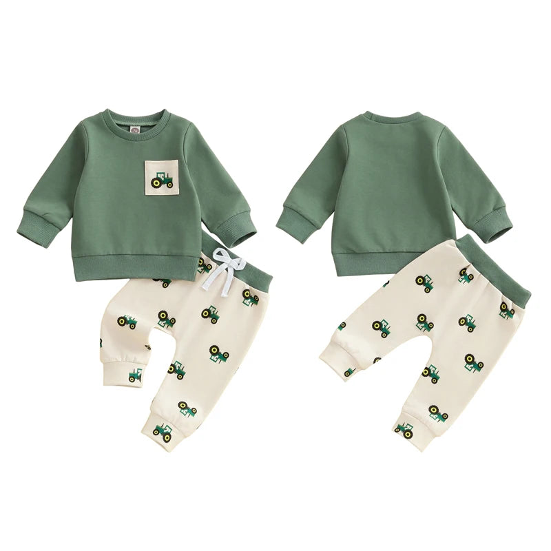 Baby Toddler Boy 2Pcs Spring Outfit Tractor Long Sleeve Crewneck Top Long Pants Jogger Set Farm Clothes