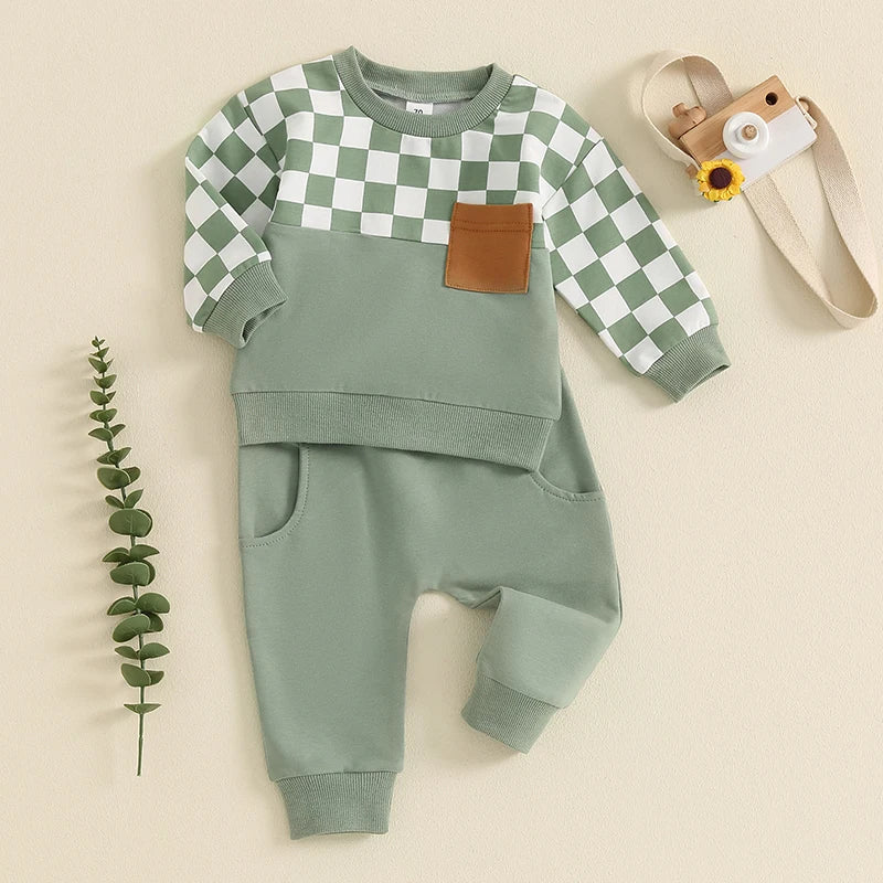 Baby Toddler Boys 2Pcs Fall Clothes Checkerboard Print Long Sleeve Pocket Top with Solid Color Long Pants Outfit Set