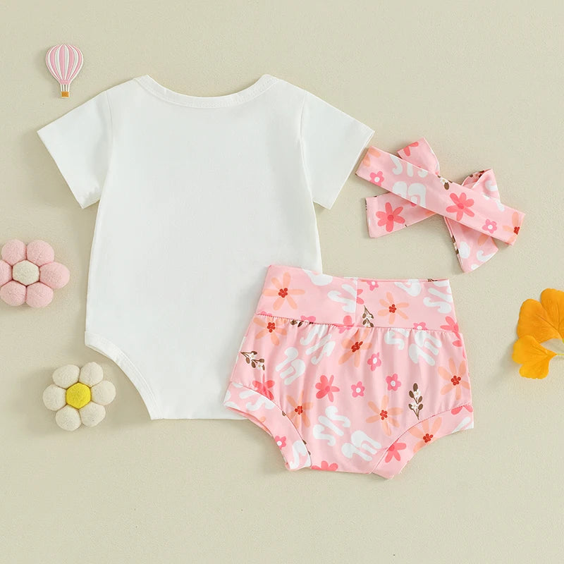 Toddler Baby Girl 3Pcs In My Lil Sis Era Spring Summer Outfits Short Sleeve Letter Romper Flower Pattern Shorts Headband Set