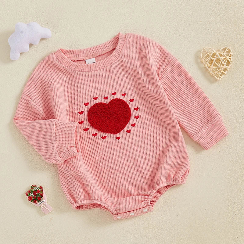 Baby Toddler Girls Waffle Romper Heart Valentines Embroidery Long Sleeve Jumpsuits Valentine's Day