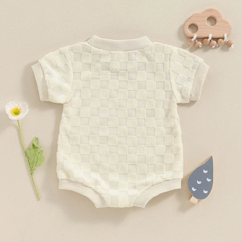 Baby Boys Girls Bodysuit Short Sleeve Crew Neck Checkerboard Summer Playsuit Romper