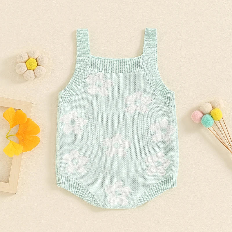 Baby Girl Summer Knit Romper Casual Floral Print Sleeveless Jumpsuit