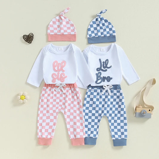 Baby Boys Girls 3Pcs Lil Bro / Sis Fall Outfit Letter Embroidery Long Sleeve Romper Checkered Print Pants Beanie Hat Set