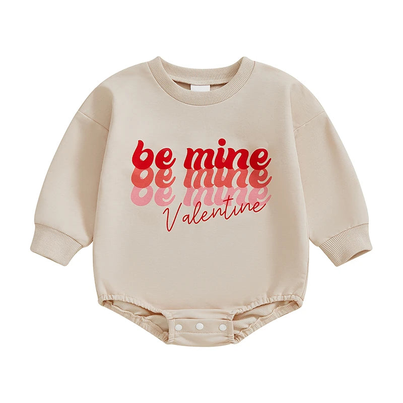 Baby Girl Boy Be Mine Valentine Valentine's Day Bubble Romper Letter Print Long Sleeve Valentines Jumpsuit