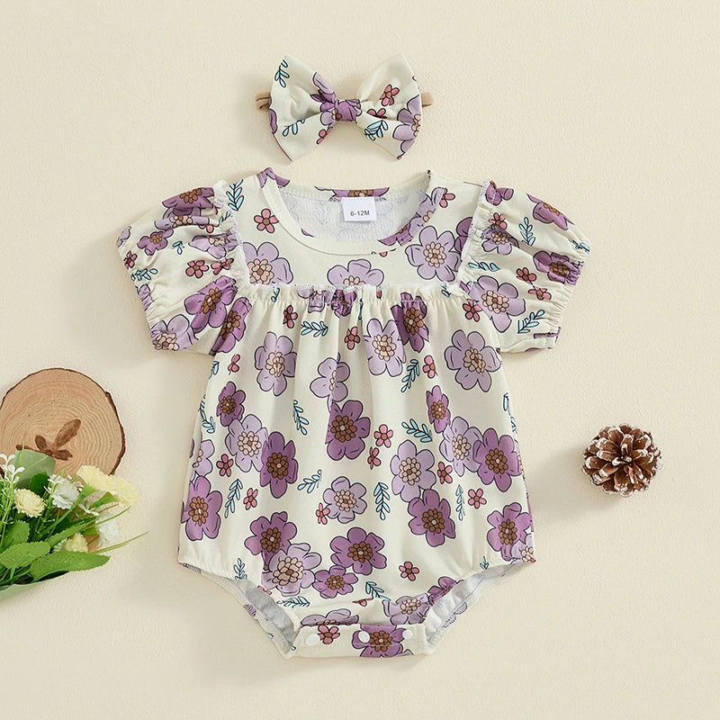 Baby Girls 2Pcs Outfit Short Sleeve Crew Neck Flower Print Bodysuit with Bow Headband Summer Clothes Set