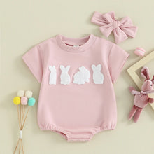 Load image into Gallery viewer, Baby Girls 2Pcs Easter Outfits Short Sleeve Bunny Bubble Romper Embroidery With Headband Set
