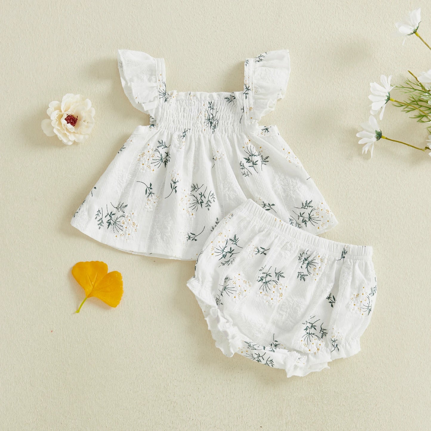 Baby Toddler Girl 2Pcs Summer Outfit Flower Flying Sleeve Ruffle Tank Top and Shorts Bloomers 2 Piece Casual Set
