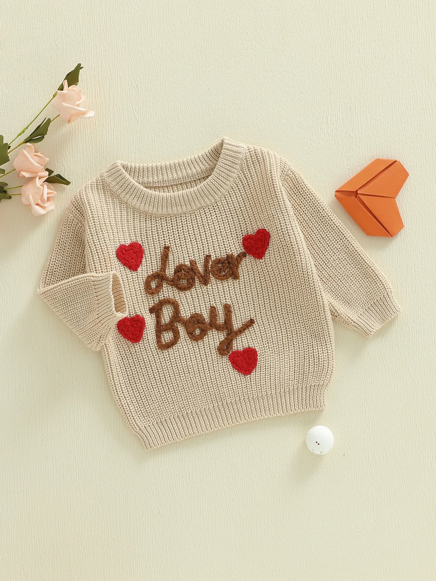 Baby Toddler Boys Valentines Sweater Fashionable Letters Lover Boy Heart Embroidery Crew Neck Long Sleeve Knit Top