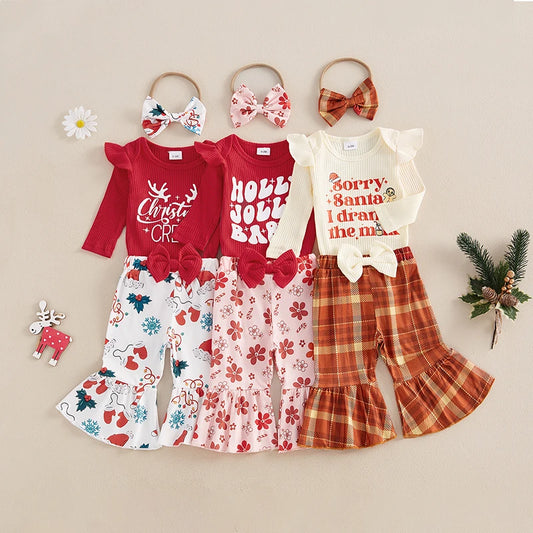 Baby Girls 3Pcs Christmas Outfit Long Sleeve Christmas Crew / Holly Jolly Babe / Sorry Santa I Drank The Milk Letters Romper with Snowflake / Flower / Plaid Flare Pants Headband Bow Set