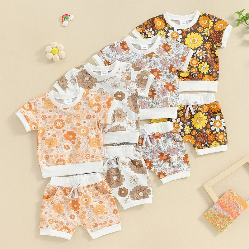 Baby Toddler Girls 2Pcs Summer Clothes Sets Outfits Floral Print Short Sleeve  Top with Pocket Shorts