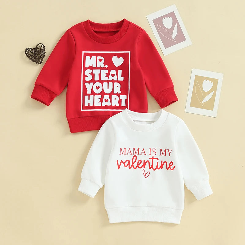 Toddler Baby Girl Boy Valentine's Day Letter Mr. Steal Your Heart / Mama Is My Valentine Print Crewneck Top Pullover