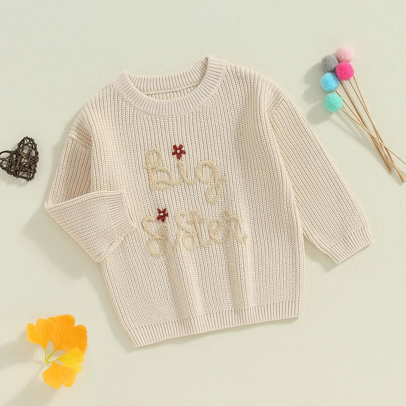 Baby Toddler Kids Girls Big Sister Autumn Winter Knit Sweater Long Sleeve O Neck Letter Embroidery Pullover Knitwear Top