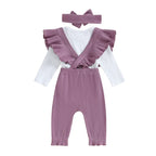 Baby Girls 3Pcs Ribbed Long Sleeve Romper with Ruffle Trim Overalls Pants Headband Set for Fall