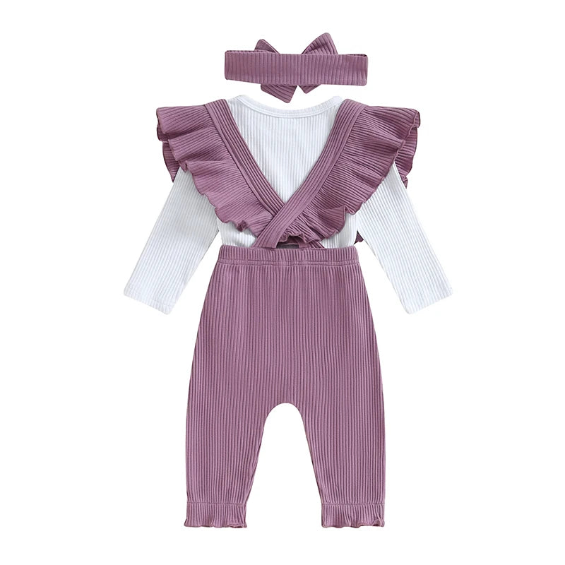 Baby Girls 3Pcs Ribbed Long Sleeve Romper with Ruffle Trim Overalls Pants Headband Set for Fall