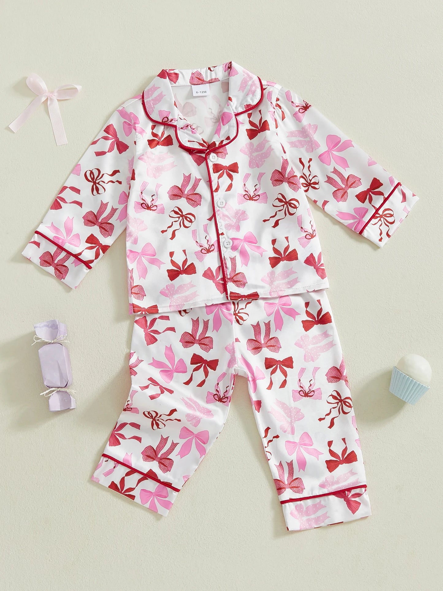 Baby Toddler Girl 2Pcs Pajamas Set Bow Pattern Button Down V Neck Long Sleeve Top and Pants Lounge Wear 2 Pcs PJs Set for Fall Winter