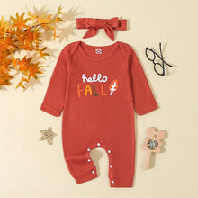 Load image into Gallery viewer, Baby Girls 2Pcs Hello Fall / World / Little Pumpkin Outfit Long Sleeve Crew Neck Embroidery Letters Jumpsuit with Headband Set
