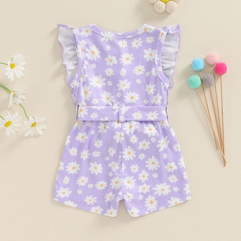 Baby Toddler Girls Summer Jumpsuit Ruffle Sleeveless Round Neck Floral Flower Print Belted Romper Shorts Playsuit