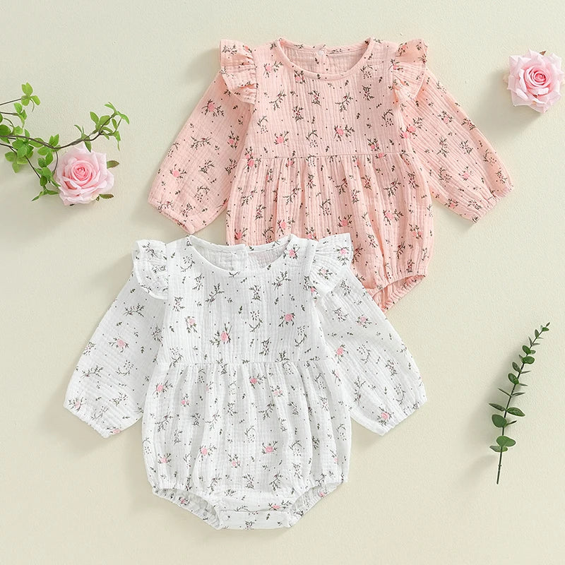 Baby Girls Autumn Romper Poof Sleeve O Neck Floral Flowers Print Frilly Romper