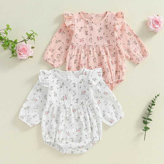 Baby Girls Autumn Romper Poof Sleeve O Neck Floral Flowers Print Frilly Romper