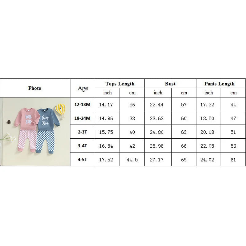 Baby Toddler Kids 2Pcs Big Sis / Bro Fall Outfit Long Sleeve Letter Embroidery Pullover + Checkered Pants Set