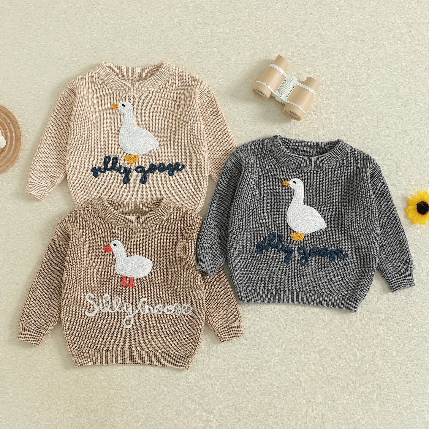 Baby Toddler Boys Girls Silly Goose Sweater Animal Letter Embroidered Crewneck Long Sleeve Pullover Knit Top