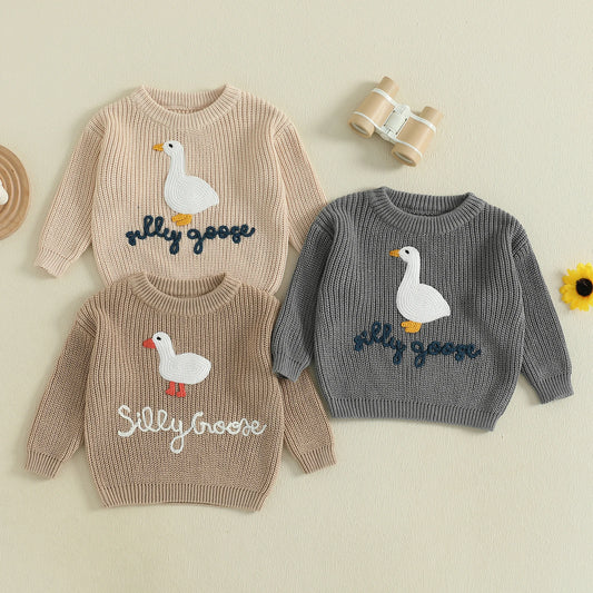 Baby Toddler Boys Girls Silly Goose Sweater Animal Letter Embroidered Crewneck Long Sleeve Pullover Knit Top